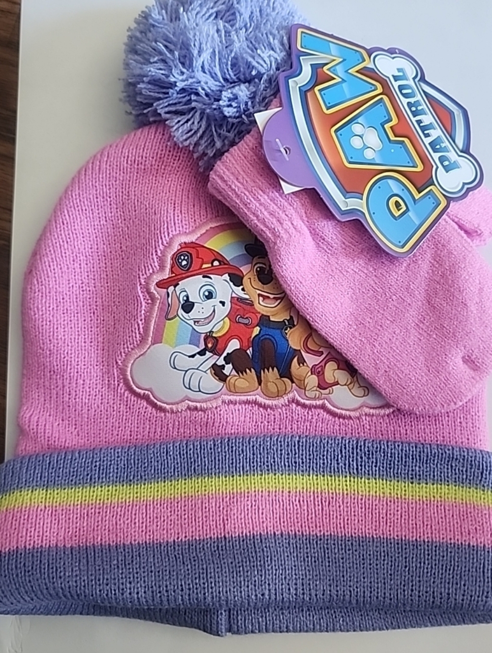 Paw Patrol Pink Lavender Knit Pom Hat Mittens  Rainbow Stripe New Girls Toddler